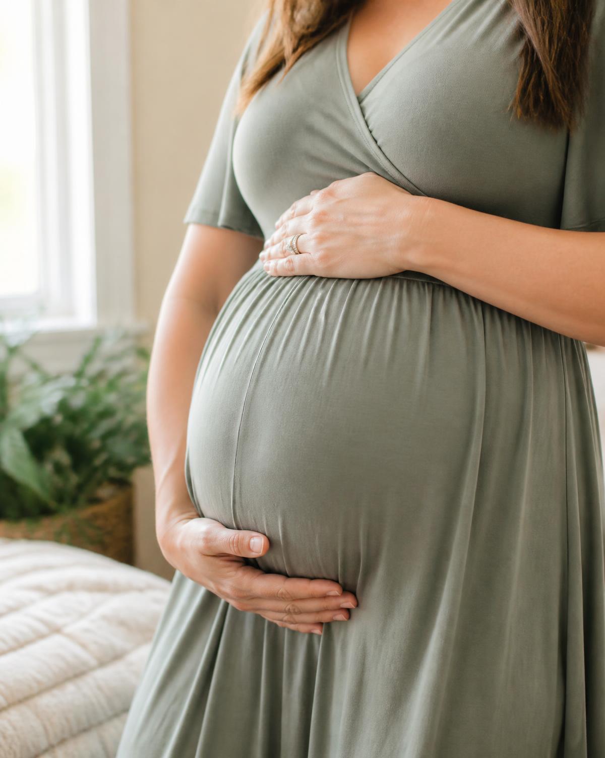 Gestante com as mãos sobre a barriga, em ambiente tranquilo